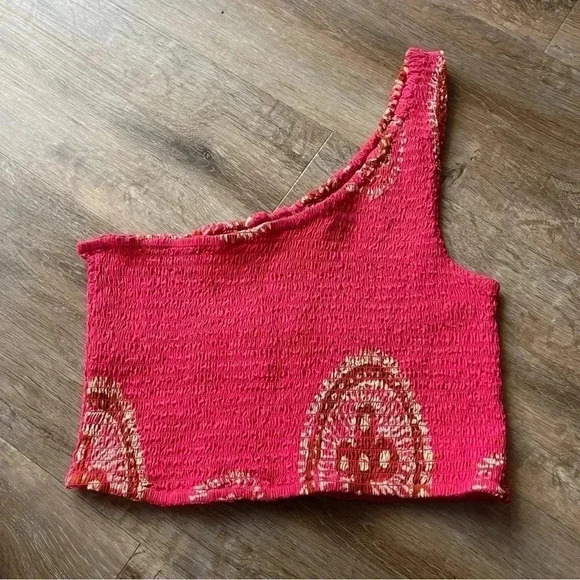House of Harlow 1960 Small One Shoulder Crop Top Smocked 100% Cotton Hot Pink - Picture 6 of 7